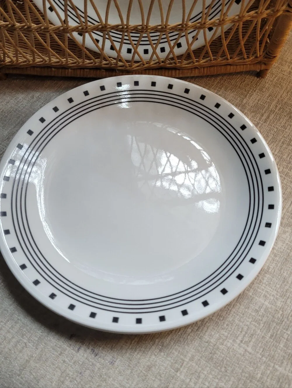 Corelle City Block White Ceramic Dinner Plate with Black Geometric Rim